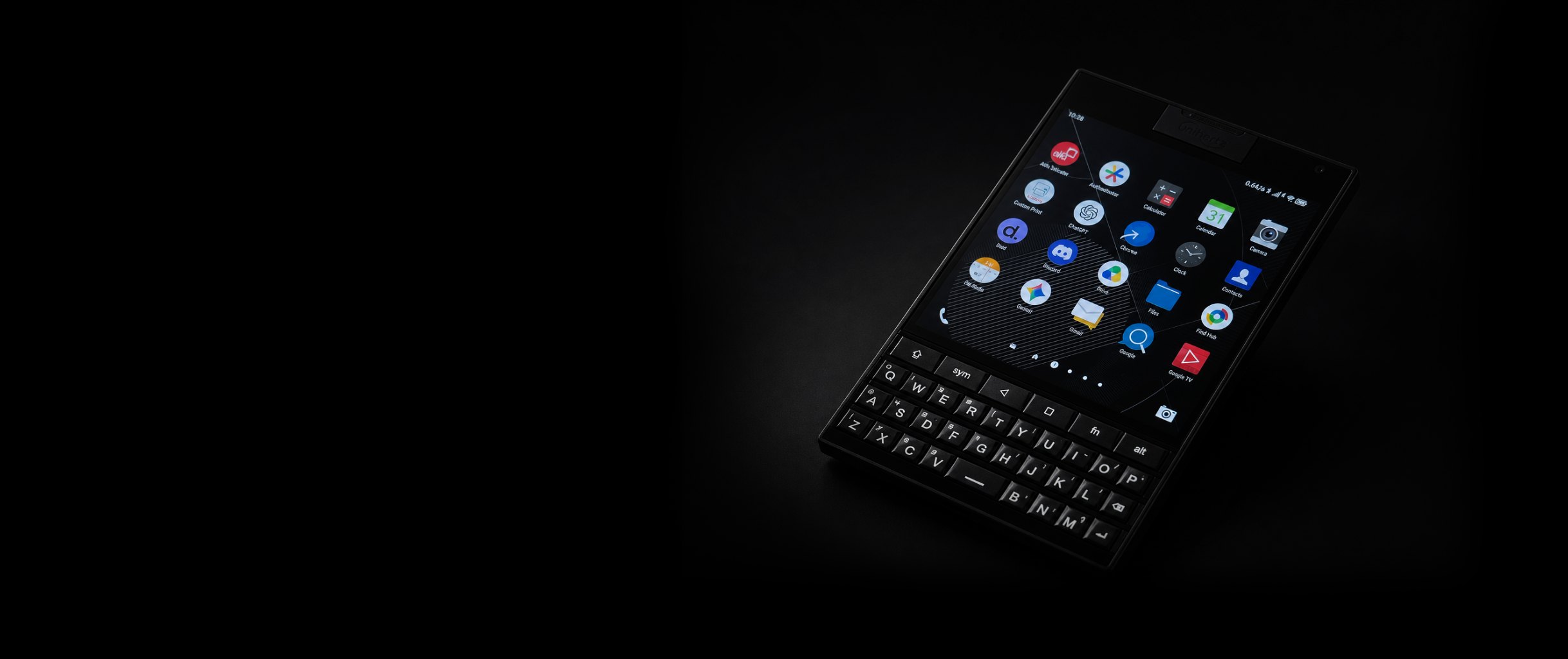 A square keyboard phone running Ripe OS 10, lit against black.